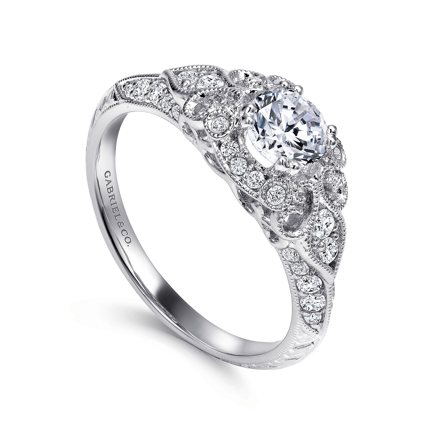 Abel - Unique 14K White Gold Vintage Inspired Diamond Halo Engagement Ring