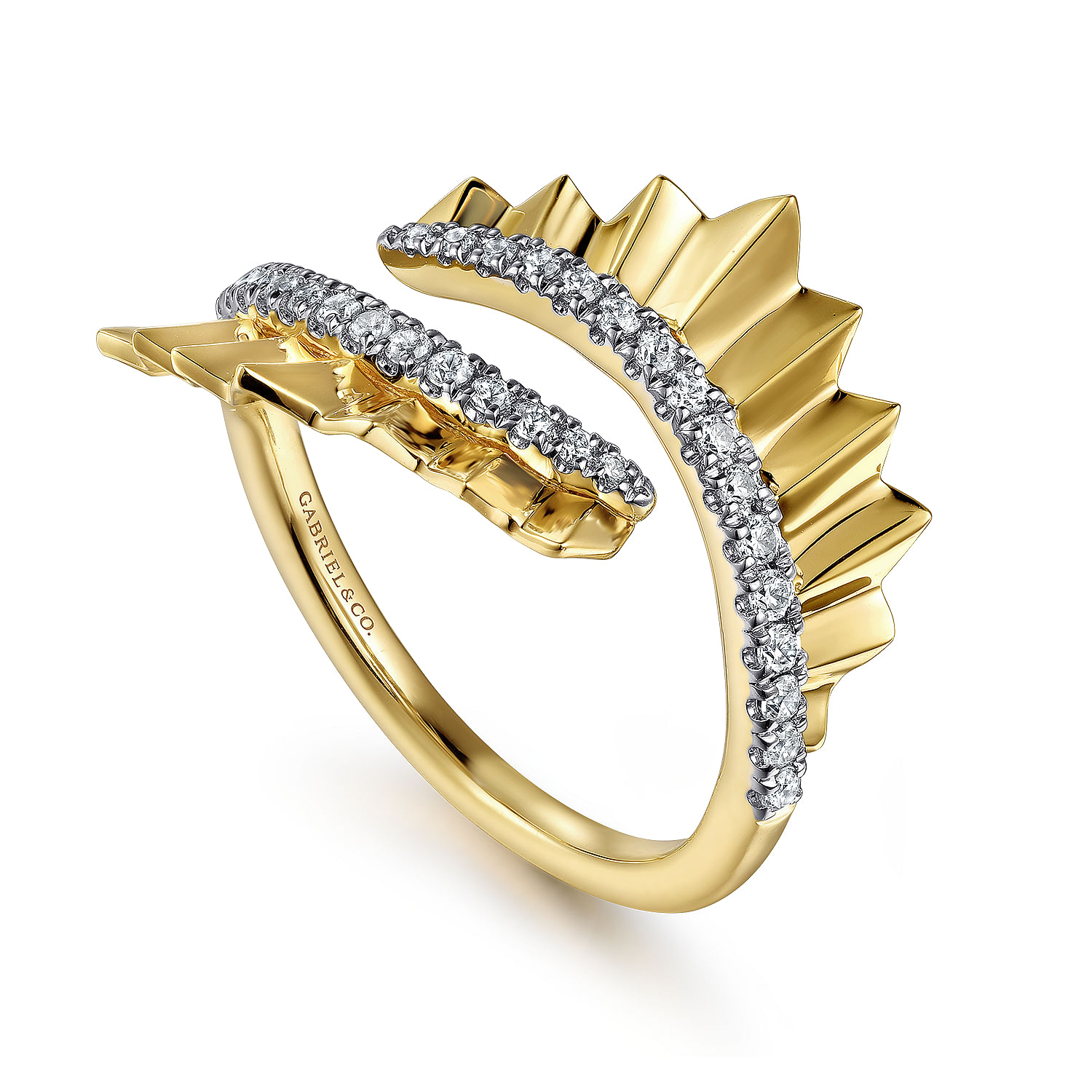 Diamond Cut - 14K Yellow Gold Diamond Bypass Ring with Diamond Cut Texture
