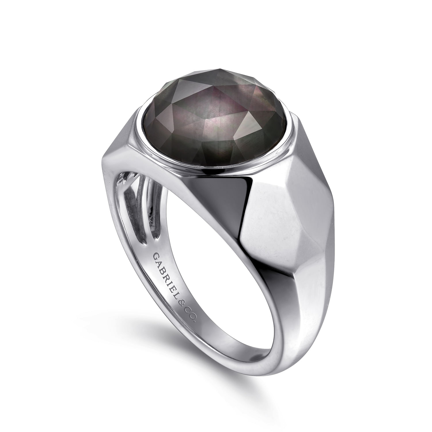Wide 925 Sterling Silver Signet Ring with Black Mother of Pearl Stone